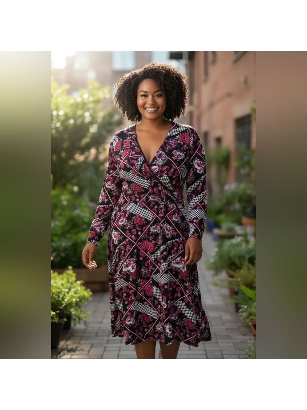 NEW Ashley Stewart Multicolor Rosetta Dot LS Faux Wrap Dress Size 26/28 Flaw